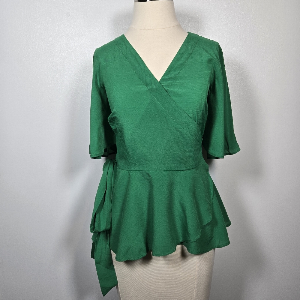 LOFT Green Flutter Sleeve Peplum Wrap Top Size Petite XS